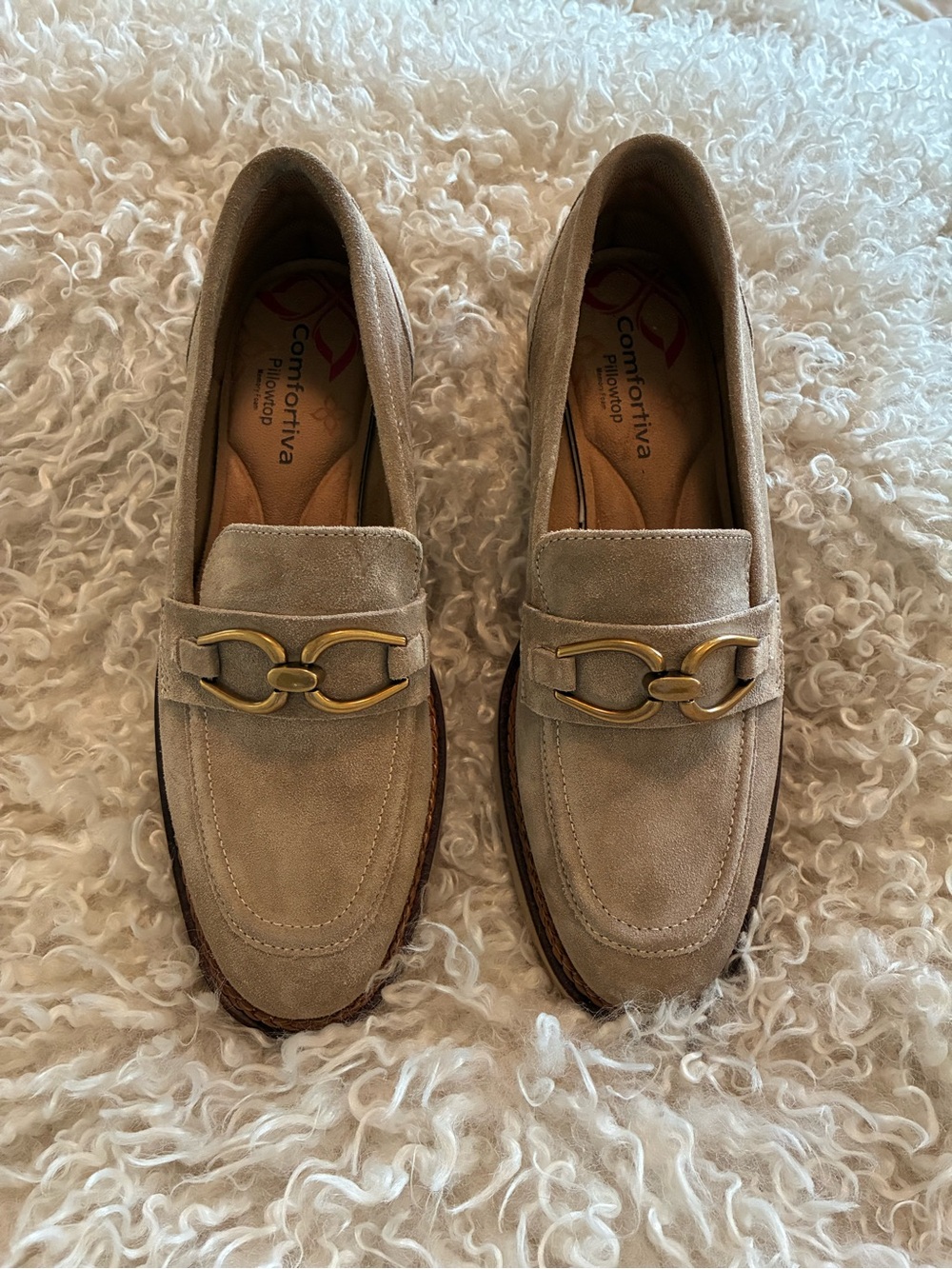 Comfortiva Taupe Suede Slip-On Loafers with Gold Accent